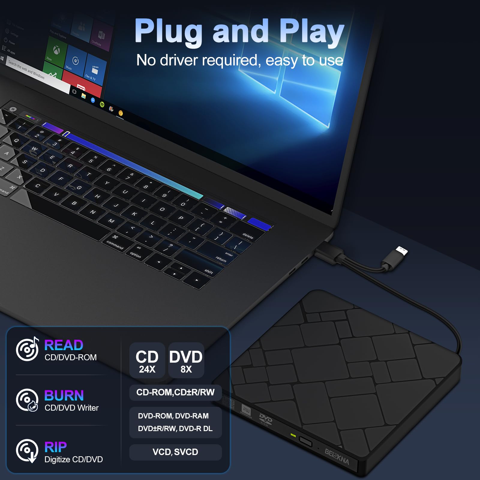 External CD DVD Drive for Laptop USB 3.0 & Type-C Portable CD DVD Player for CD ROM +/-RW Burner Reader Writer Optical Disc Drive for Laptop Desktop PC Windows 11/10 Linux Mac OS Apple MacBook Pro