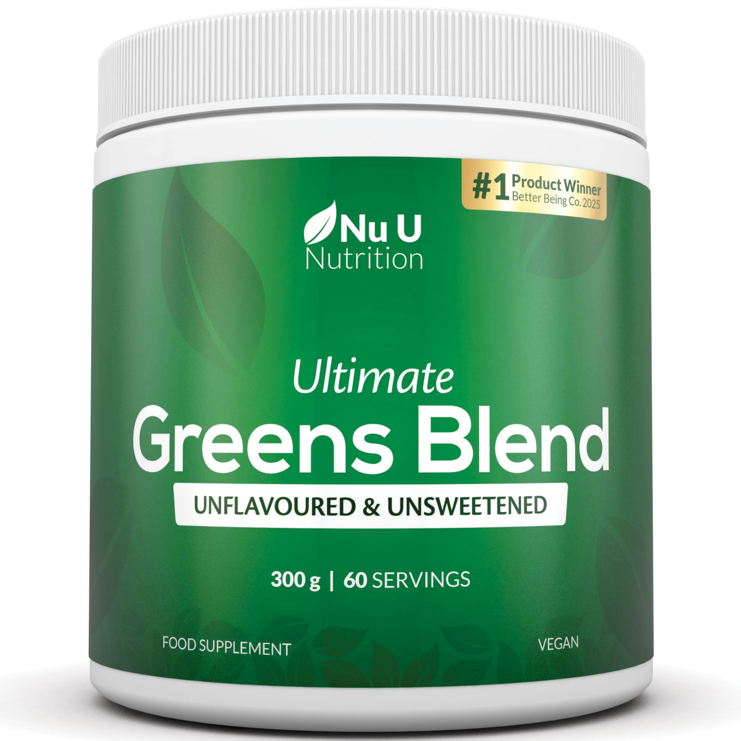 Nu U Nutrition - Greens Powder 300g - 17 Superfood Ingredients - 60 Servings - Unflavoured, Unsweetened - Ultimate Greens Blend with Maca, Beetroot & Inulin - 100% Vegan - Made in the UK