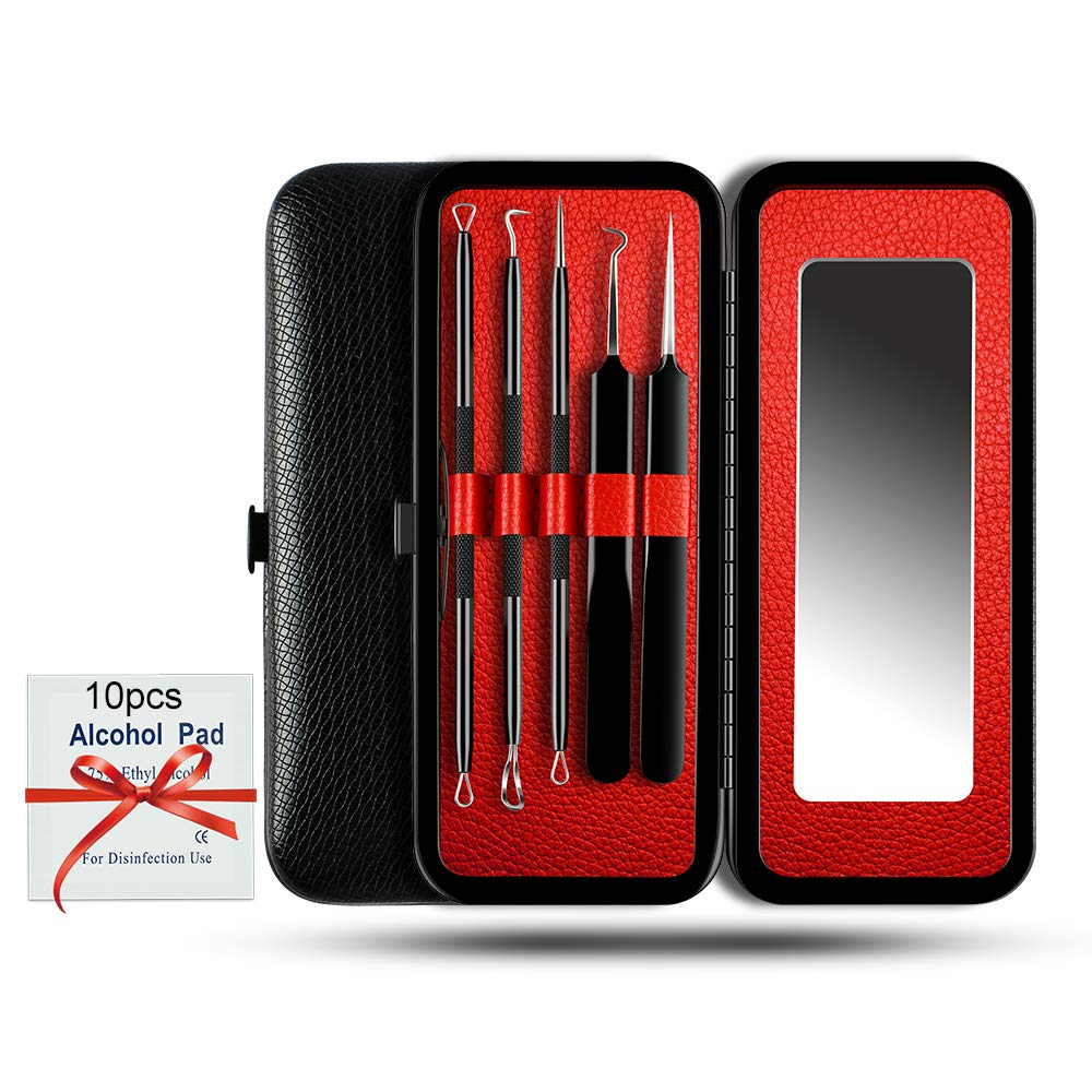 Blackhead Remover Tool,Sedremm 5 in 1 Acne Pimple Extractor Stainless Steel Tweezer Kit with Mirror and 10 PCS Alcohol Cotton Pads Treatment for Zit Comedone Whiteheads Blemish Removal