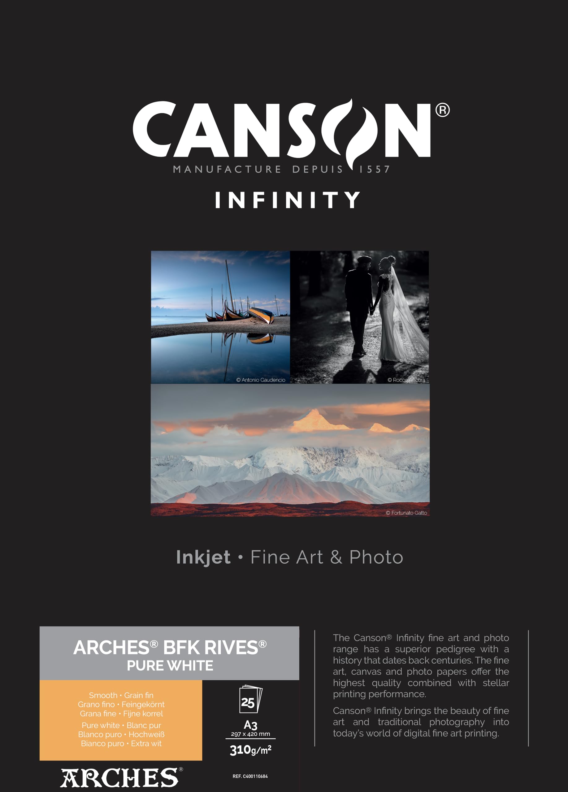 Canson Infinity Arches BFK Rives 100% Textured Pure White Inkjet Photo Paper, 310gsm, 29.7 x 42 cm, 25 Sheets, Acid-Free, Ideal for Professional Photographers