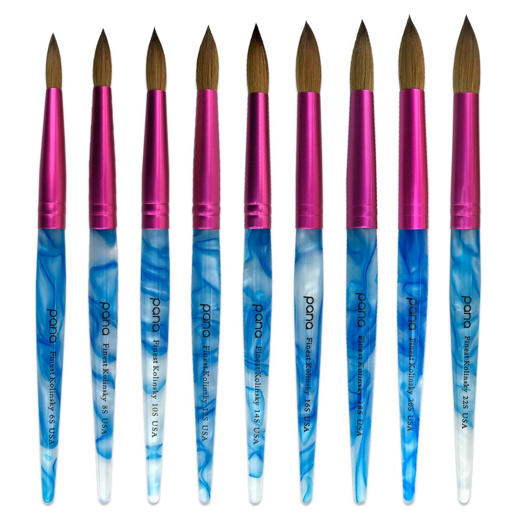 PANA USA Acrylic Nail Brush Pure Kolinsky Hair Acrylic White Swirl Blue Handle with Pink Ferrule Round Shaped - Size 8 : Beauty