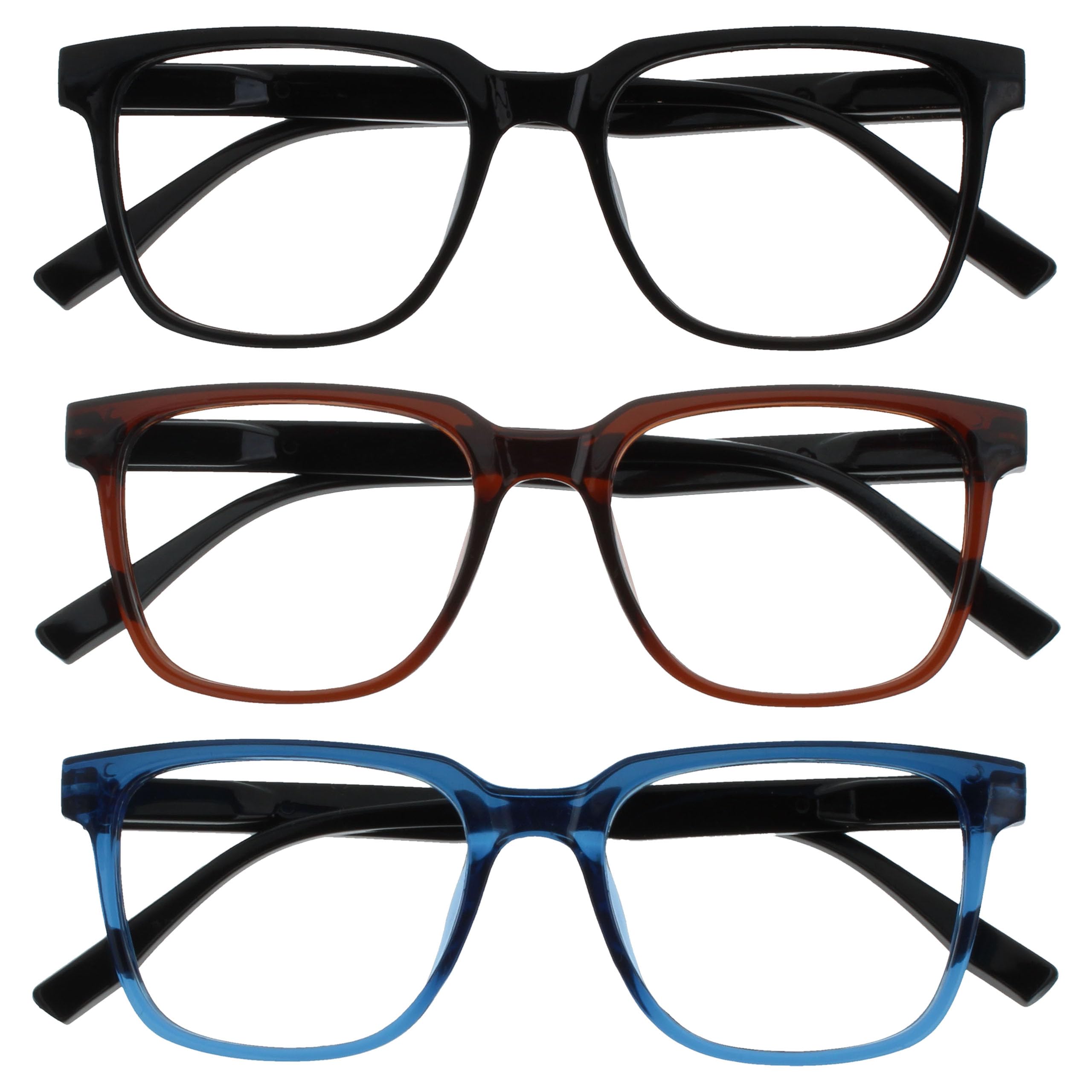 OPULIZE LEO Reading Glasses - 3 -Pack - Large Rectangular Frame - Black, Brown, Blue - Mens Womens - Spring Hinges - RRR55-123 - +2.50