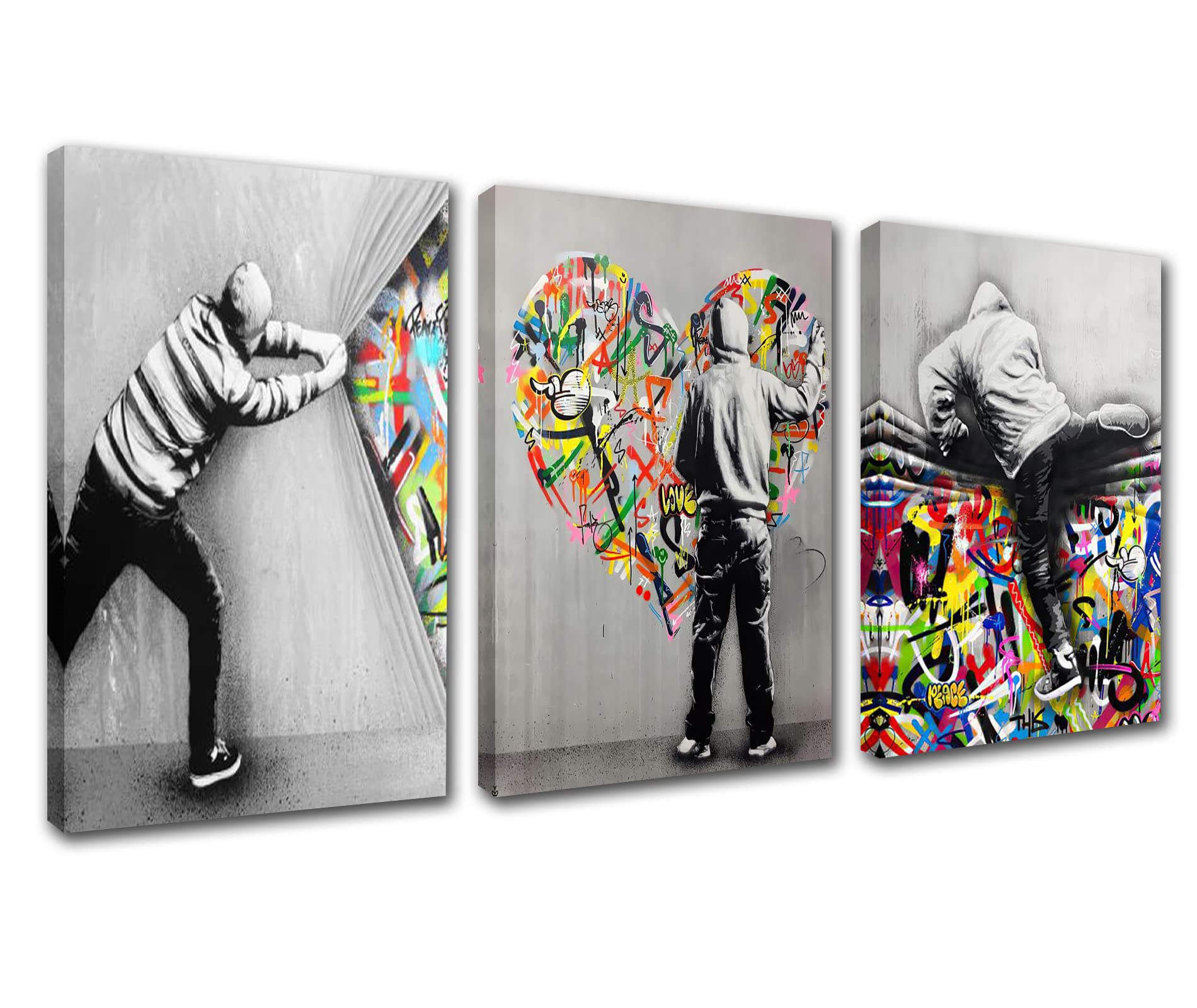 Banksy Street Art Decor Colorful Graffiti Paintings for Bedroom Behind the Curtain Pictures Nordics Artwork 3 Pieces Canvas Wall Art Home Decor Framed Ready to Hang Poster and Prints(48''W x 24''H)