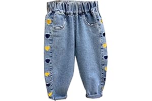 Toddler Baby Cute Jeans Embroidery Distressed Elastic Waist Denim Pants Girls Fall Warm Jeans (Yellow, 5-6 Years)