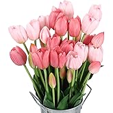 Riceshoot 6 Bunches Artificial Tulips Flowers 30 Pcs Real Touch Faux Tulips Bouquets Arrangements Realistic Flowers for Office Wedding Party Kitchen Decoration(Pink, Purple)