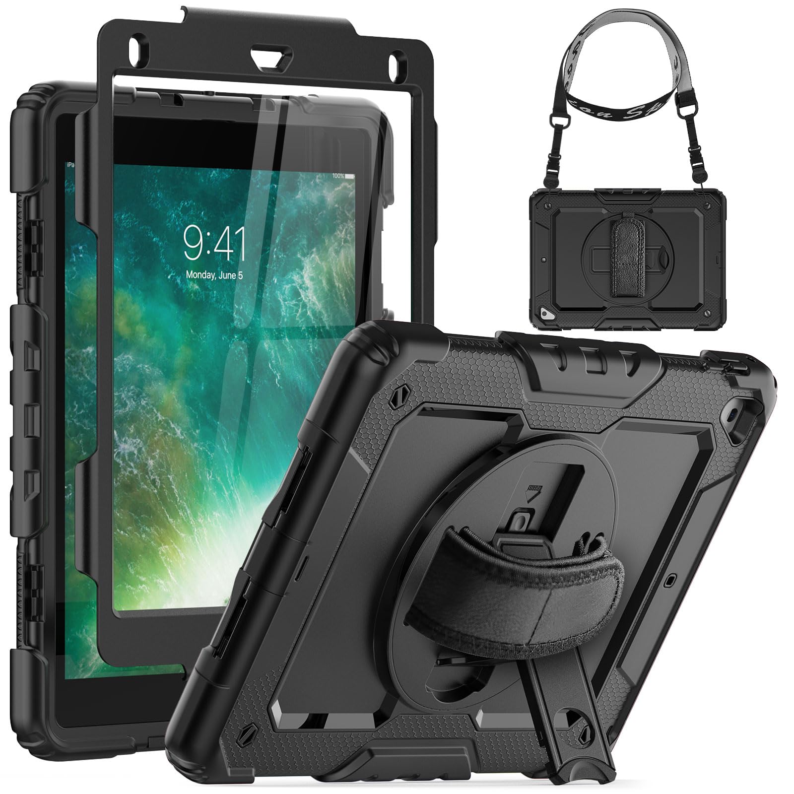 SEYMCY Case for iPad 6th/5th Generation 2018/2017, iPad Air 2 Case 2014, iPad Pro 9.7 inch 2016, Shockproof Shockproof with Screen Protector, 360° Rotating Stand & Hand Strap, Shoulder Strap, Black — image 1