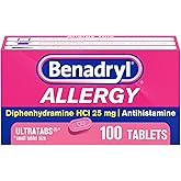 Benadryl Ultratabs Allergy Relief, 25 mg Diphenhydramine HCl, 100 Ct | Antihistamine For Relief of Cold &amp; Allergy Symptoms, Sneezing, Runny Nose, Itchy Eyes &amp; Throat