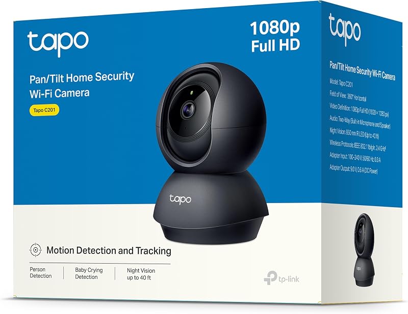 Tapo c201 - câmera wifi interna fhd, câmera de vídeo de vigilância, visão noturna, visão 360°, áudio bidirecional, detecção de movimento e notificações, alarme acústico e luminoso integrado,