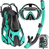Snorkeling Gear for Adults, Mask Fin Snorkel Set, Dry Top Snorkel, Snorkeling Kit Travel Diving Package, Panoramic View Anti-Fog Anti-Leak Adjustable Swim Fins