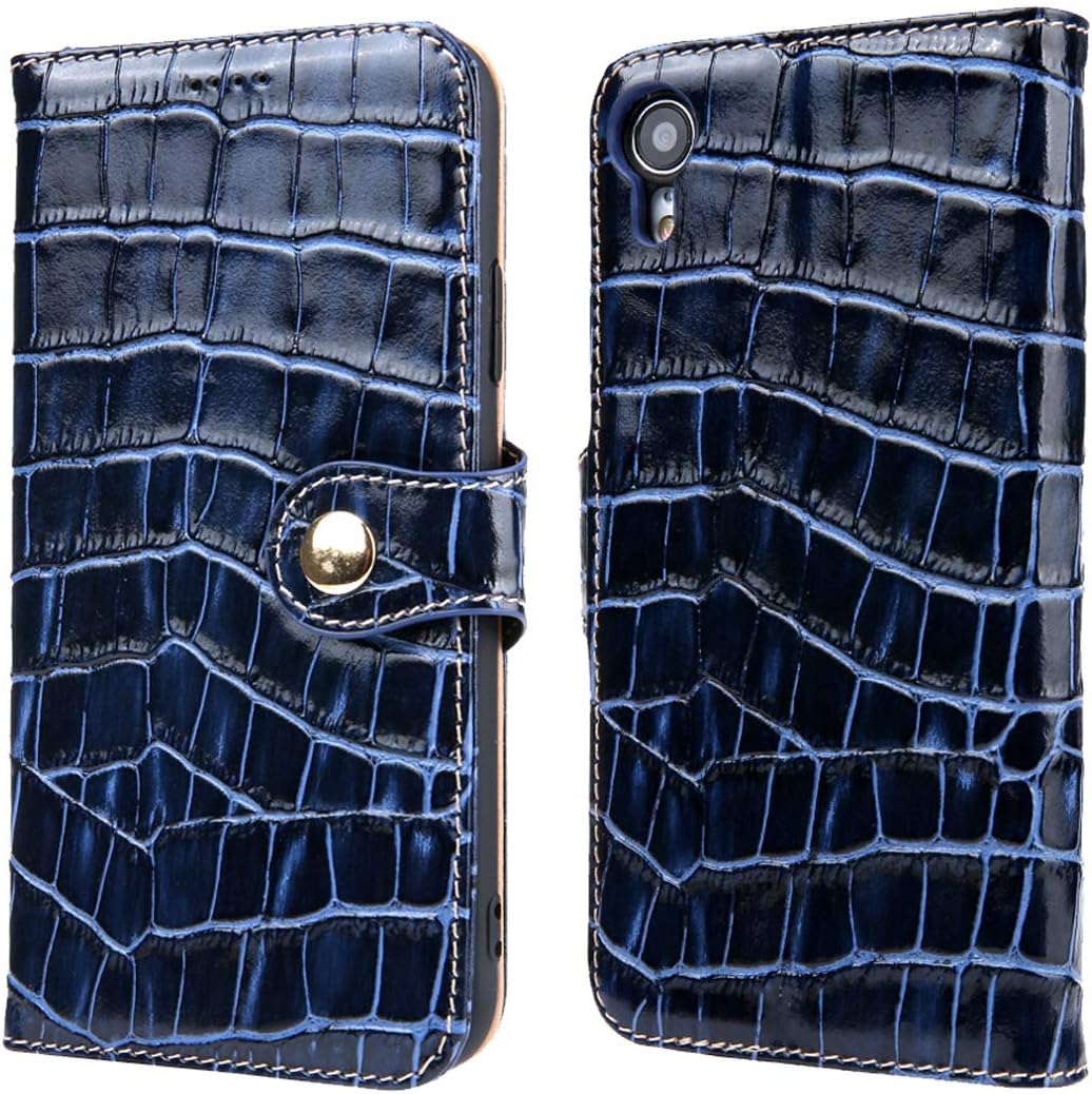 Reginn iPhone Xr Wallet Case, Genuine Leather Folio with Card and Cash Pockets and Stand Function, Crocodile Pattern Leather Wallet for iPhone Xr (Blue)