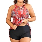 Aqua Eve Women Two Piece Plus Size Swimsuit High Neck Tankini Set Tummy Control Bathing Suit with Shorts