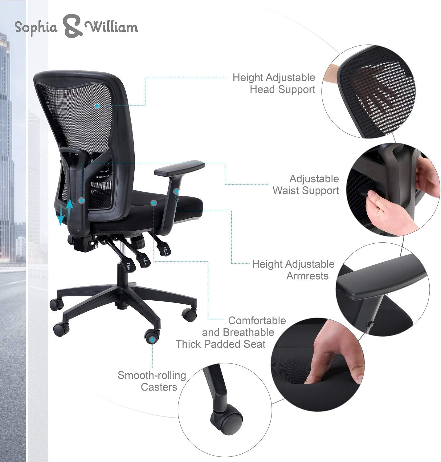 Sophia & William Ergonomic Rocking Mesh Office Desk Chair High Back, Modern 360° Swivel Executive Computer Chair with Height Adjustable Armrests, Lumbar Support, Black - 1 Pack, Load Capacity: 300 lbs: Kitchen & Dining
