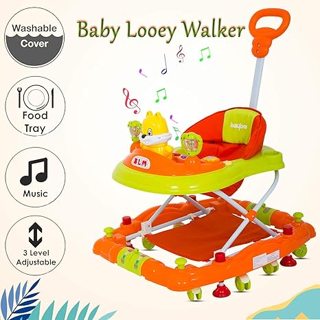 Baybee Looey Baby Walker Cum Rocker - Round Kids Walker for Babies Cycle with Music & Light Rattles and Toys Ultra Soft Seat, Push Bar Activity Walker for Kid and Wheel 6 Months to 2 Years-Orange