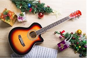 ARTALL 39 Inch Handmade Solid Wood Acoustic Cutaway Guitar Beginner Kit with Gig Bag, Strings, Picks, Strap, Glossy Sunset