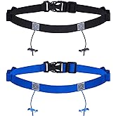 JOVITEC 2 Pack Race Number Belt with 6 Gel Loops, Black and Blue | Elastic Adjustable Bib Holder, Quick-release Buckle, Reflective Patches, for Running Cycling Triathlon Marathon, No Pins