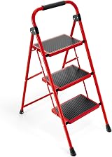 KINGRACK Folding 3 Step Ladder with Non-Slip Pedals Red Steel Lightweight