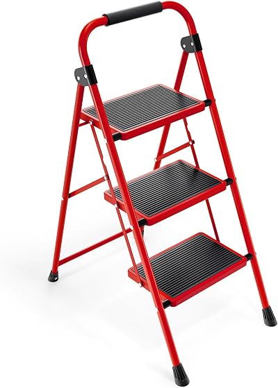 KINGRACK Folding 3 Step Ladder with Non-Slip Pedals Red Steel Lightweight