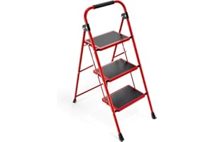 KINGRACK 3 Step Ladder, Folding Step Stool with Anti-Slip and Wide Pedal, Lightweight Stepladder with Handrails, Portable for Kitchen, Household, Red