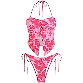 ZAFUL Floral Twist Bikini Set for Women Halter Tankini Tie Side String Swimsuit Two Piece Bathing Suit 0-Pink XL