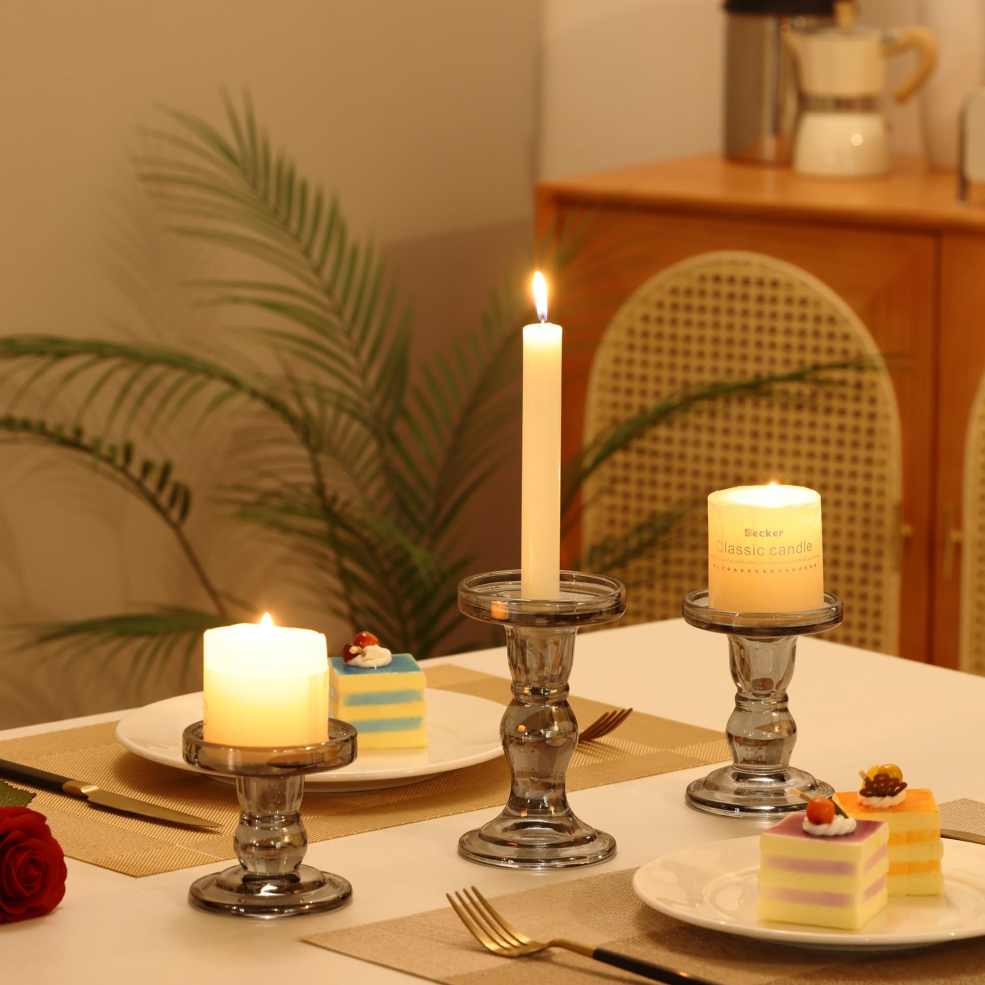 Gray Glass Candle Holder Set, QENUIITEA Set of 3 Clear Candlesticks Holders Pillar Taper Candles Tea Light Stand for Centerpieces Church Wedding Party Home Decor Dining Table