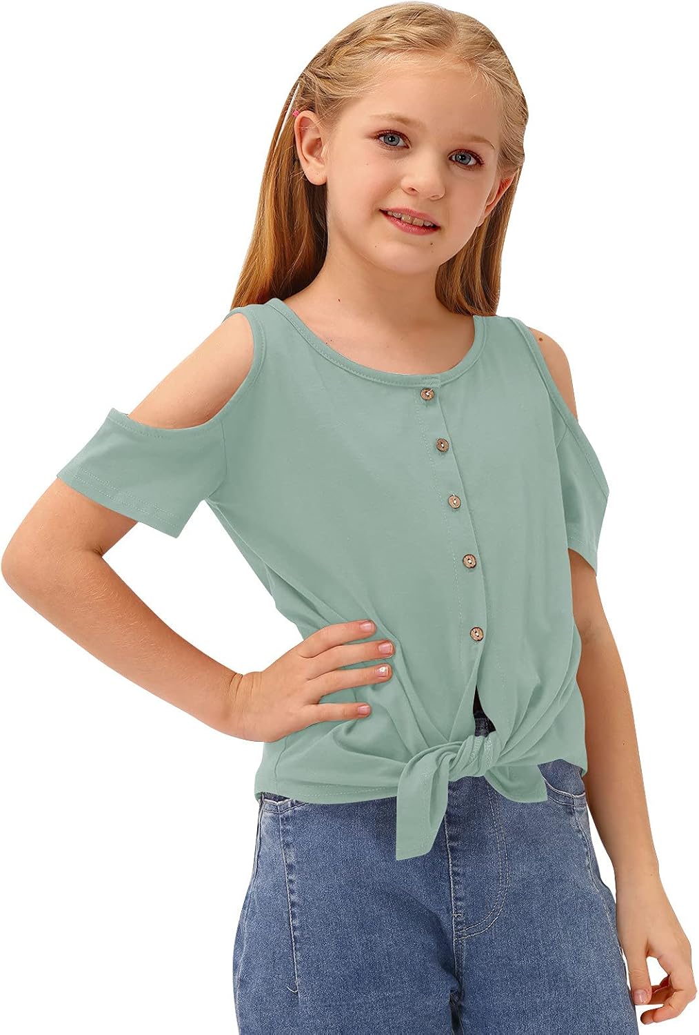 BesserBay Girl's Tie Front Cold Shoulder Short Sleeve Tunic Shirt 3-12 Years: Clothing