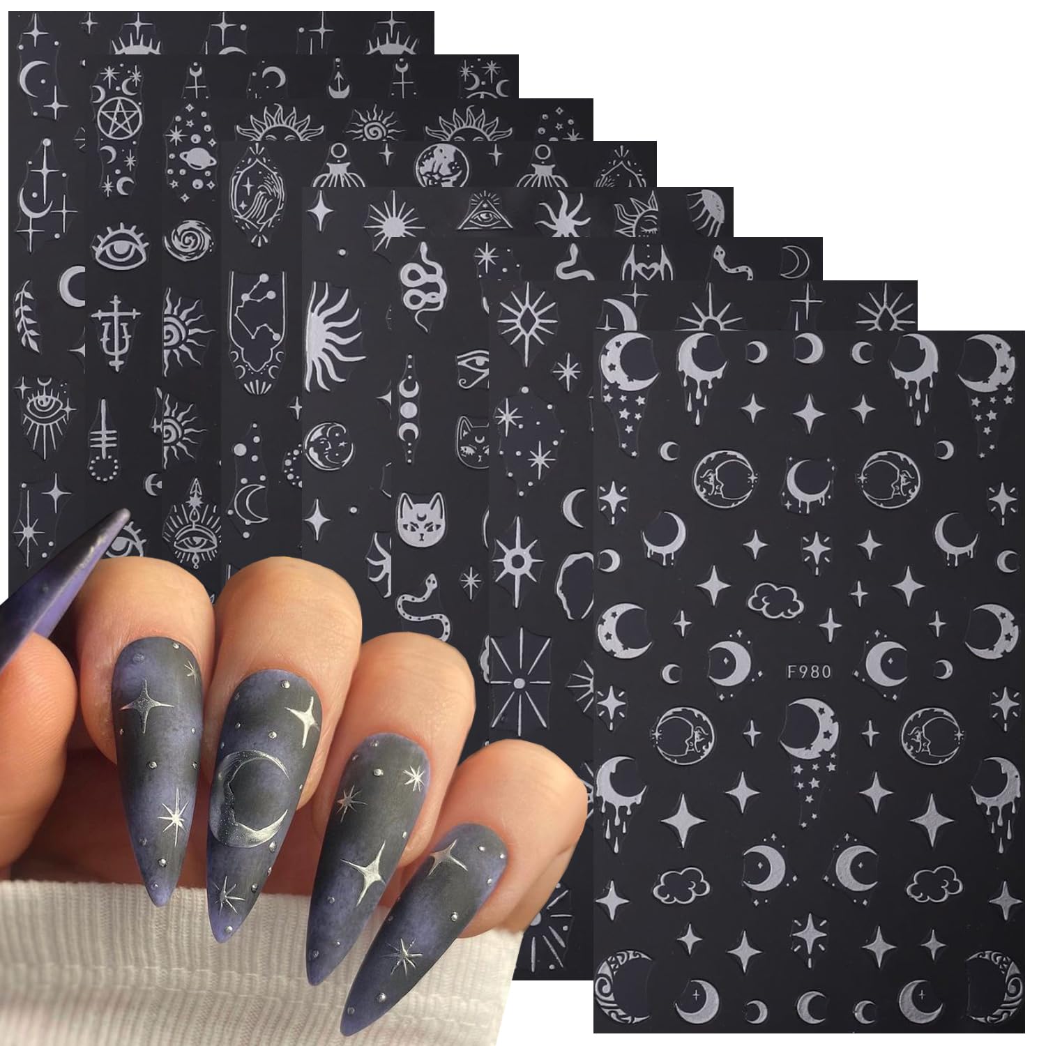 Photo 1 of 8 Sheets Metallic Silver Stars Nail Stickers 3D Sun Star Nail Decals Holographic Sun Stars Moon Starlight Glitter Gold Silver Designs DIY Luxury Manicure Sliders Decorations for Women Girls