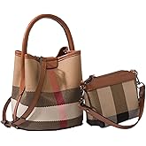 Tote Bag for Women, Leather Plaid Bucket Shoulder Bag Top Handle Canvas Crossbody Handbag Designer Classic Purse