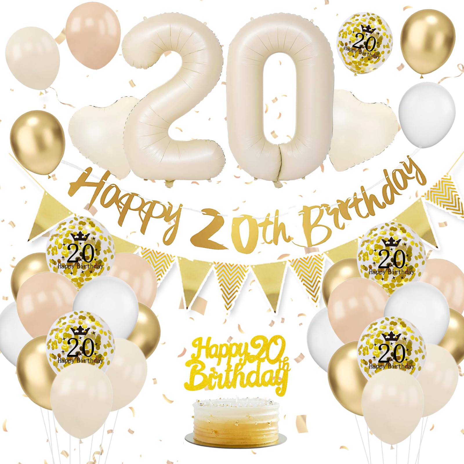 20th Birthday Decorations Sand White Gold,20th Birthday Decorations for Girls,20th Birthday Balloons with Happy 20th Birthday Banner Cake Toppers Number 20 Balloons for Girls Birthday Decorations