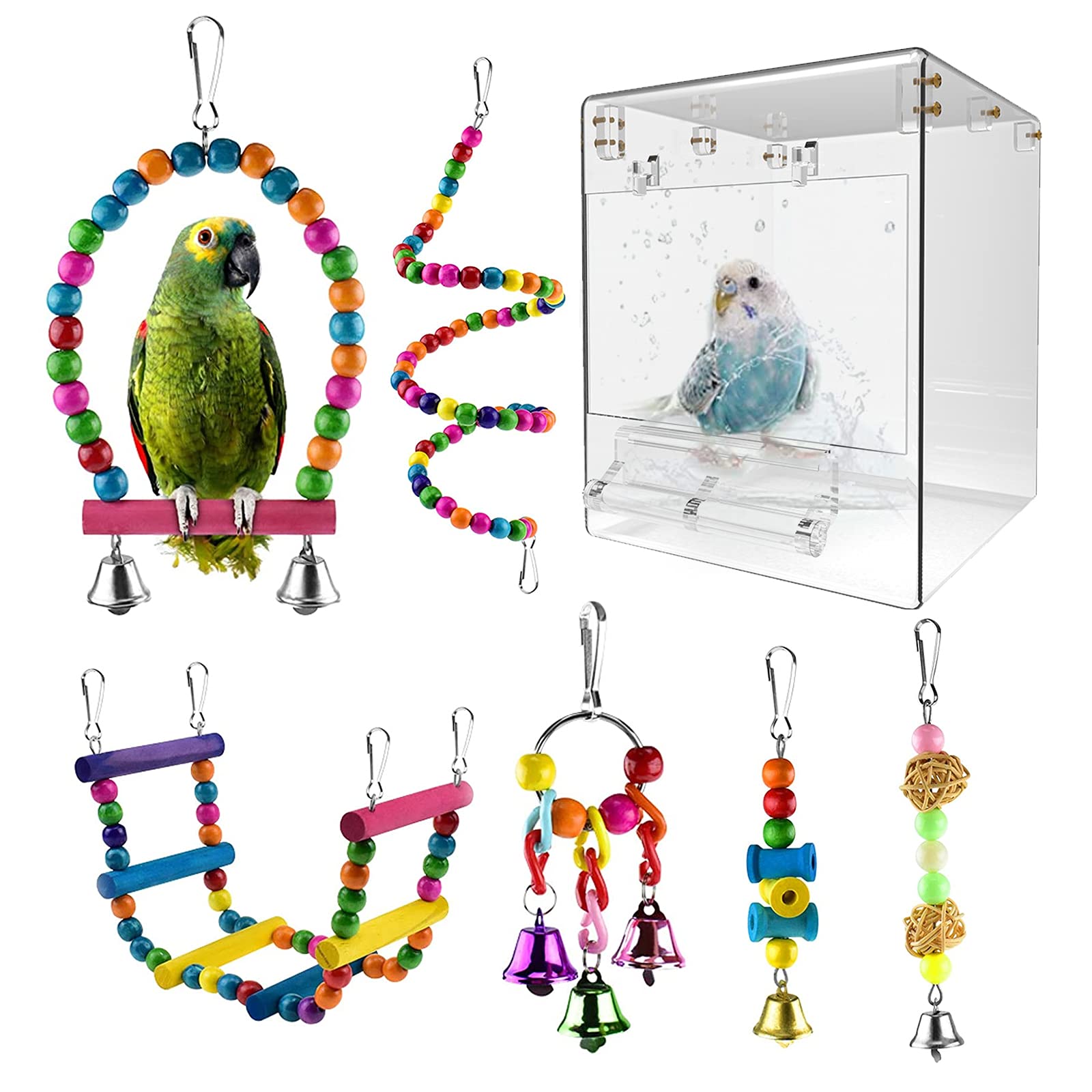 Powerful Bird Bath, Hanging Bird Cage with Budgie Toys Transparent Acrylic Drinking/Shower Bird House for Budgie Cockatiel Parrots 17 * 13 * 13cm