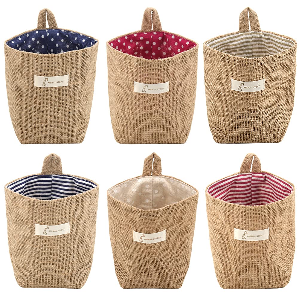 Lifreer Storage Baskets, 6 Pcs Cotton Linen Foldable Small Baskets with Handle Storage Boxes for Toy Makeup Key Small Stuff