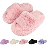 KOUECI Girls Fuzzy Plush Slippers丨Kids Open Toe Fluffy Memory Foam Slippers丨Slip on Warm Soft Furry Slides Indoor Outdoor House Shoes