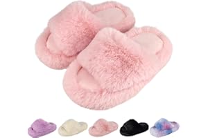 KOUECI Girls Fuzzy Plush Slippers丨Kids Open Toe Fluffy Memory Foam Slippers丨Slip on Warm Soft Furry Slides Indoor Outdoor House Shoes