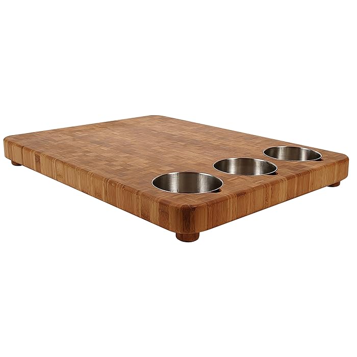 Totally Bamboo 3-Bowl Bamboo Butcher Block with Stainless Steel Prep Bowls, 22" x 16-1/2" x 1-1/2"