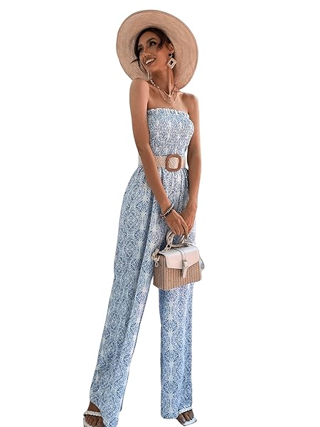 SWEATYROCKS WOMEN’S PRINTED SLEEVELESS TUBE TOP SHIRRED LONG PANTS JUMPSUIT ROMPER BLUE SMALL