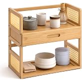Yalikop Bamboo 2 Tier Matcha Station Organizer Coffee &amp; Tea Station Stand | Countertops Stand Shelf with Hidden Drawer for Whisk Set Bowl Cup Mug, Home Kitchen Bars 15.75" x 7.87" x 15.35" Space Saving