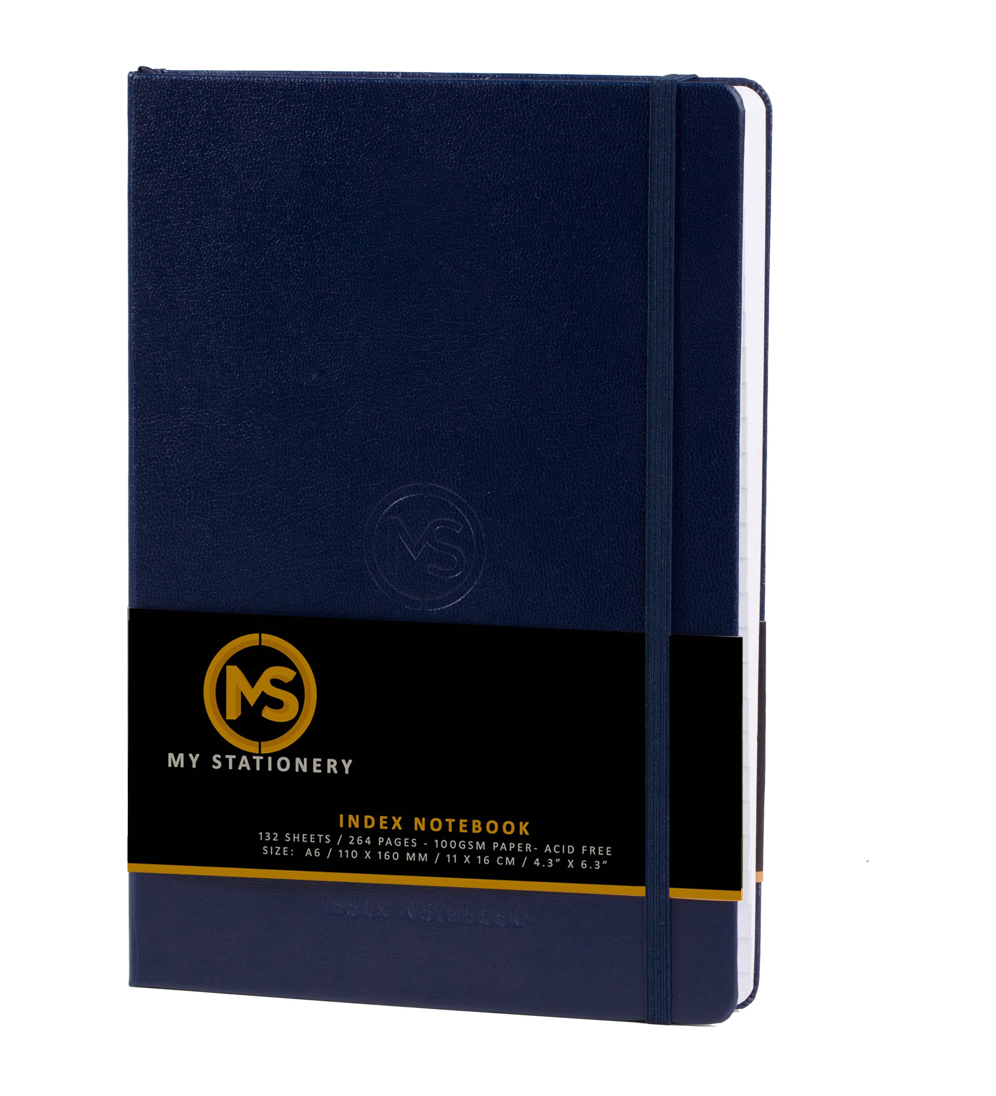 MS MY STATIONERY Index Notebook Hardback Leatherette Cover 8mm Ruled Margin A-Z Tabs 264 Pages 100 GSM White Paper – 11 X 16 CM Index Notebook (Navy)