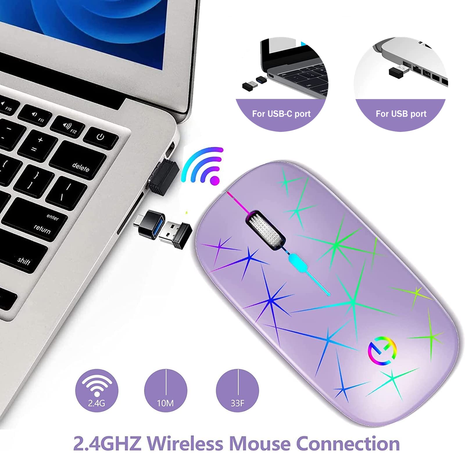 TaIYanG Wireless Mouse, 2.4G Portable Optical Quiet RGB Mouse with USB Receiver and Type C Adapter, 3 Adjustable DPI Levels, Wireless Computer Mouse for Laptop, Computer, PC, MacBook, Desktop