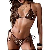 BEAUDRM Women's 2 Piece Y2K Metallic Bikini Sets String Triangle Thong Bikini Halter High Cut Bathing Suit Cheeky Swimusit
