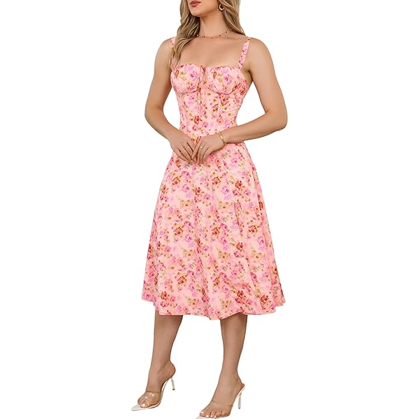 Generic Women's Babydoll Floral, Sleeveless Midi Corset Dress, Boho Summer,  Spaghetti Straps, Square Neck, Casual Flowy with Slit (US, Alpha, X-Large,  Large, Regular, Regular, Red Floral) at Amazon Women's Clothing store