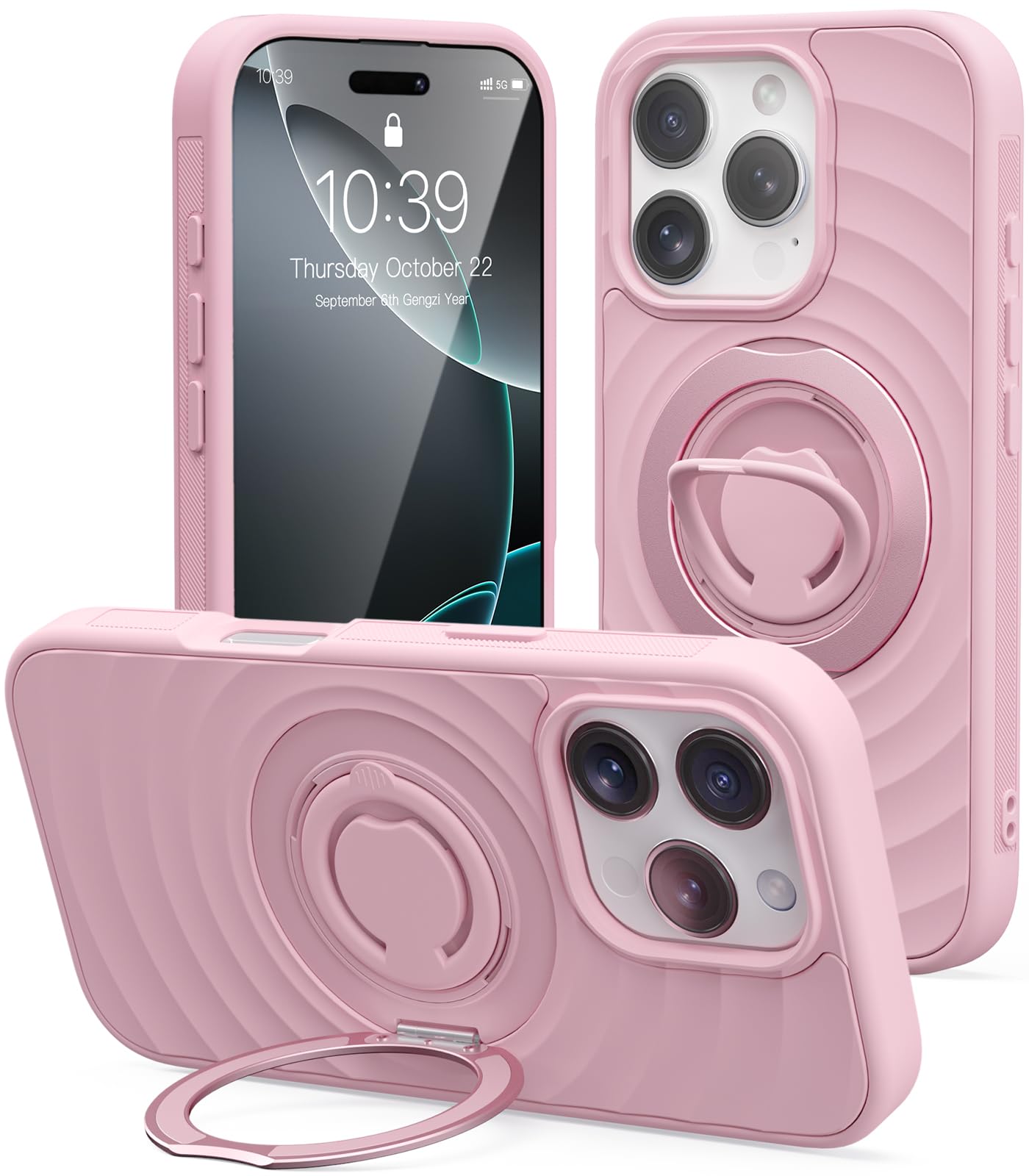 Mowei Compatible with iPhone 16 Pro Max Case, Magnetic Dual 360° Comfort Ring Grip Holder Stand, Military-Grade Drop Protection with Built in Kickstand, Anti-Slip Edge-Pink Blossom