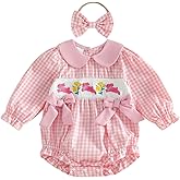 Engofs Baby Girl Halloween Outfit Long Sleeve Pumpkin Smocked Plaid Romper Fall Winter Clothes