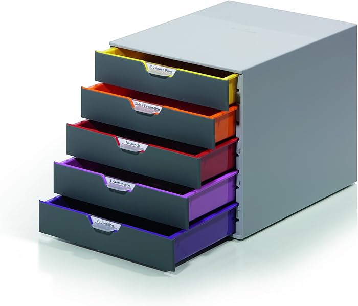 DURABLE Desktop Drawer Organizer (VARICOLOR 5 Compartments with Removable Labels) 11" w x 14" d x 11.375" h, Gray & Multicolored (760527)