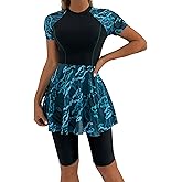 ODIZLI Womens Modest Swimsuit Short Sleeve Floral Print Swim Dress with Boyshorts Bathing Suit UPF 50+