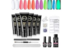 Mobray Poly Nail Extension Gel Kit-6 Colors Clear Purple Pink orange Glow in Dark Green and Blue Series,Neon Builder nail Gel kit with Basic Accessory Tools Suitable for Nail Art Design And Gifts