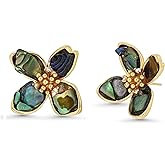 18K Gold Plated Mother of Pearl Flower Stud Statement Earrings for Women by SNGIA, Dainty Bold Retro Handmade Trendy Natural Sea Abalone Shell Floral Bohemian Jewelry Gifts, Small Unique Baroque Turquoise Stone Summer Beach Fashion Earrings Accessories, Vintage Gemstone Nickle Free Huggies Earrings.