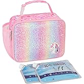 Bagseri Kids Lunch Bag with Ice Pack Included - Insulated Lunch Box for Girls Reusable Meal Tote for School & Travel, Glitter Pink Unicorn