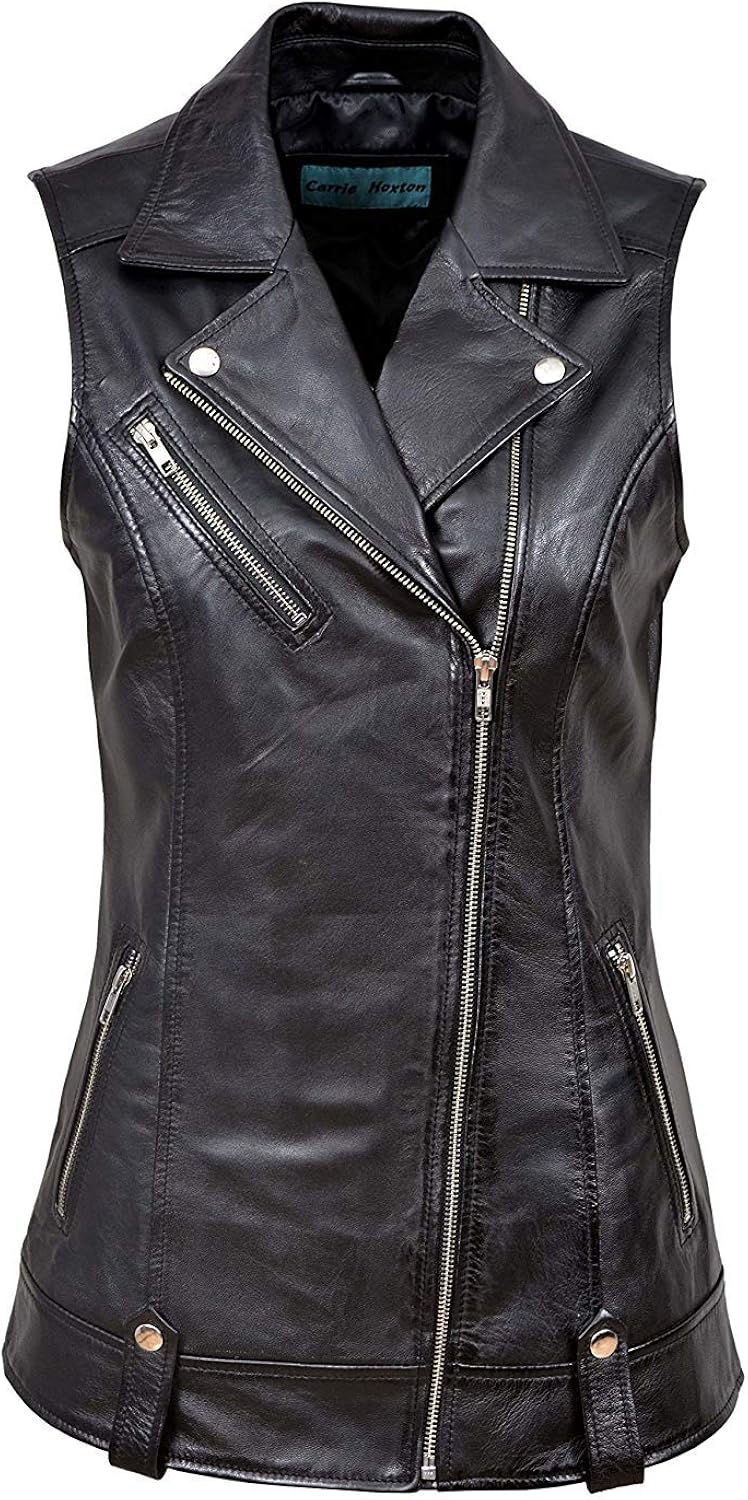 Carrie CH Hoxton Ladies Brando Waistcoat Punk Biker Style Real Leather Sleeveless Jacket 6385 at 