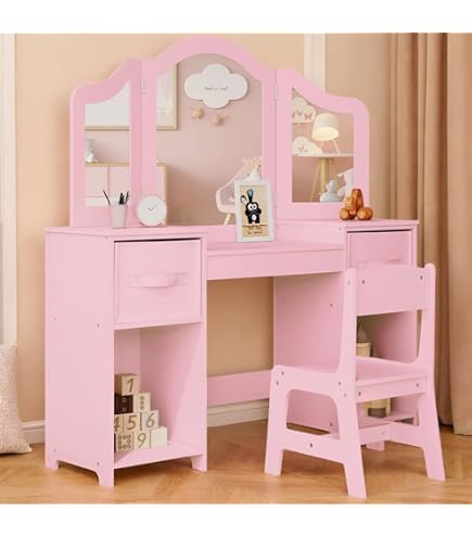 GLACER Girls Vanity Set With Mirror And Stool And Lights, 2