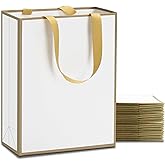 YACEYACE Medium Size Gift Bags with Ribbon Handles, 10Pcs 8"x4.25"x10.5" White Gift Bags with Gold Slim Frame,White Thick Paper Gift Bag,Boutique Bag