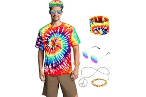 SNIRCZS Men's Hippie Costume 60s 70s Style Colorful T-Shirt with 5-Piece Accessory Set for 70s Outfits Theme Party